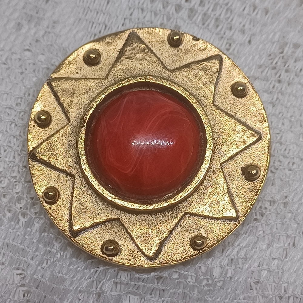 Goldtone and Red Sunburst Brooch Scarf Clip